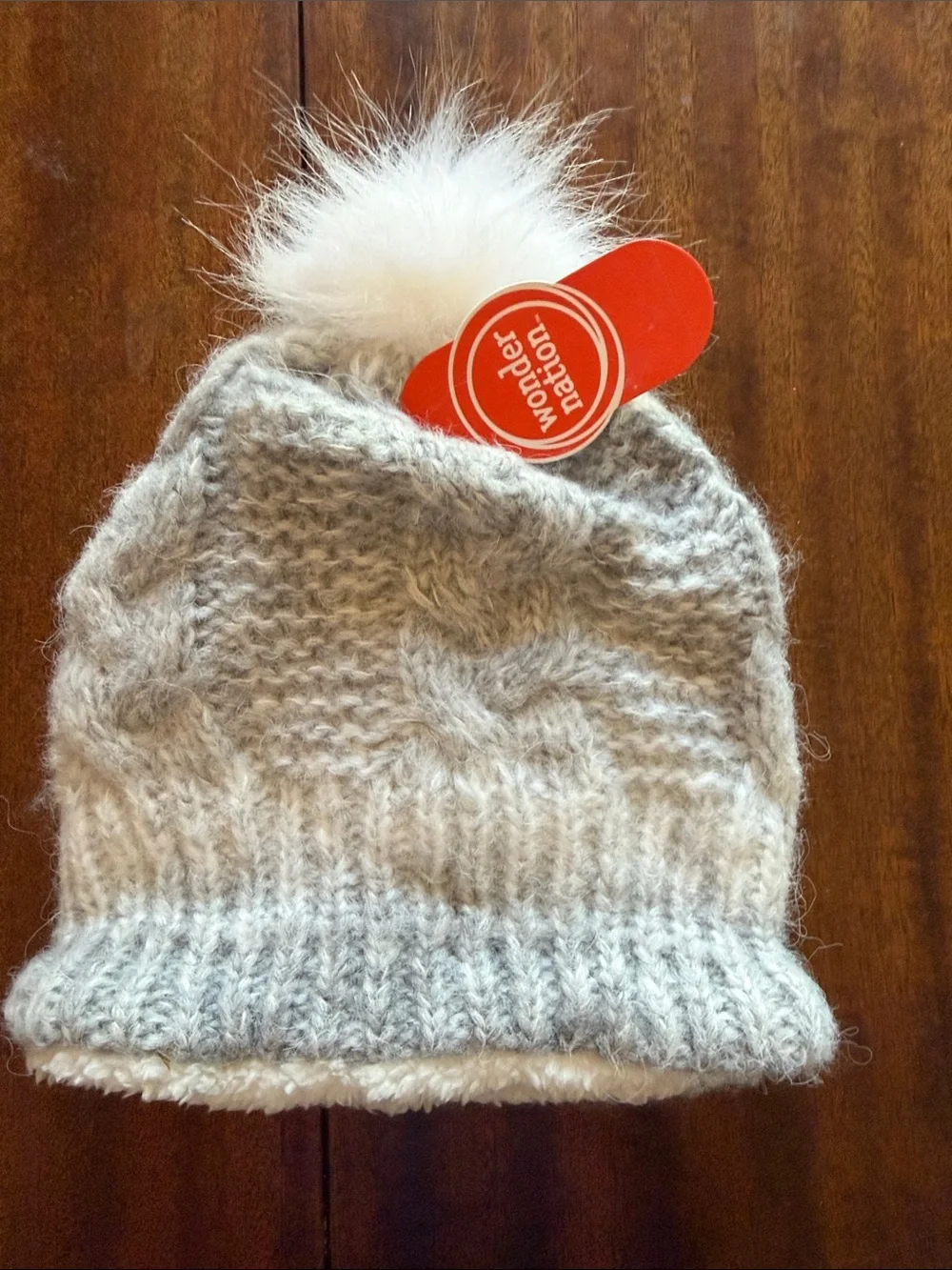 wonder nation Gray Knit Beanie with Faux Fur Pom